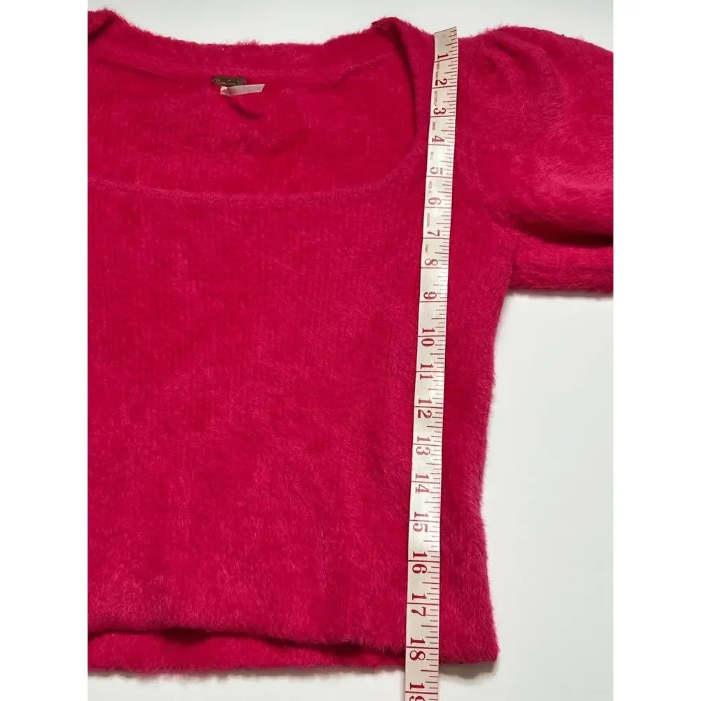Free People Moonbeam Sweater Small Hot Pink Cropped Puff Sleeve Soft Knit